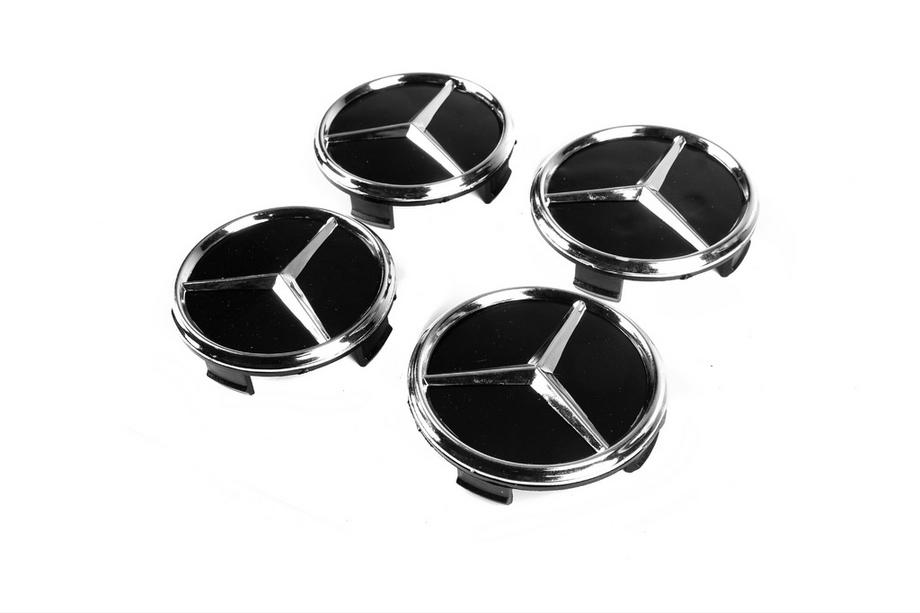 Mercedes Ковпачки на диски 71/74 мм без кільця (4 шт, чорні з хром знаком) Image