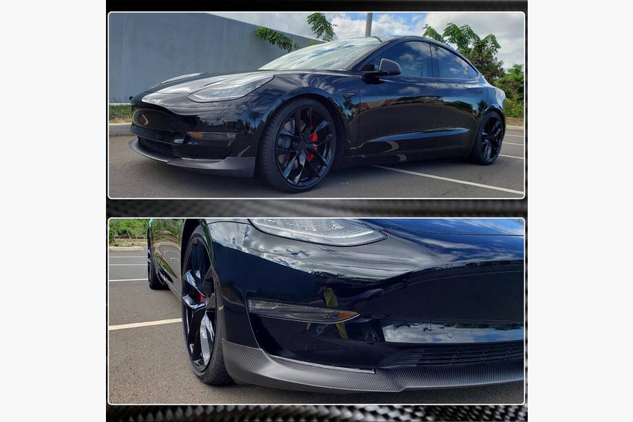 Tesla Model 3 2017- рр. Накладка на передній бампер Lip V7 (2017-2023, Карбон) Фото 7