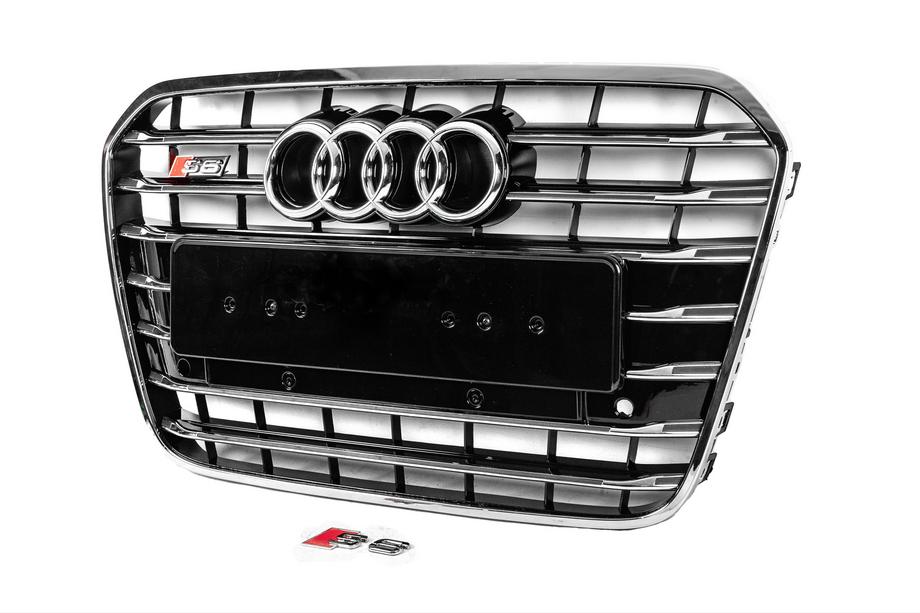 Audi A6 C7 2011-2017 рр. Передня чорна решітка з хром рамкою S-style (2011-2014) Фото 2