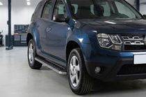 Dacia Duster 2008-2018 рр. Бокові пороги Maydos V1 (2 шт., Алюміній ↗ нерж) фото 1