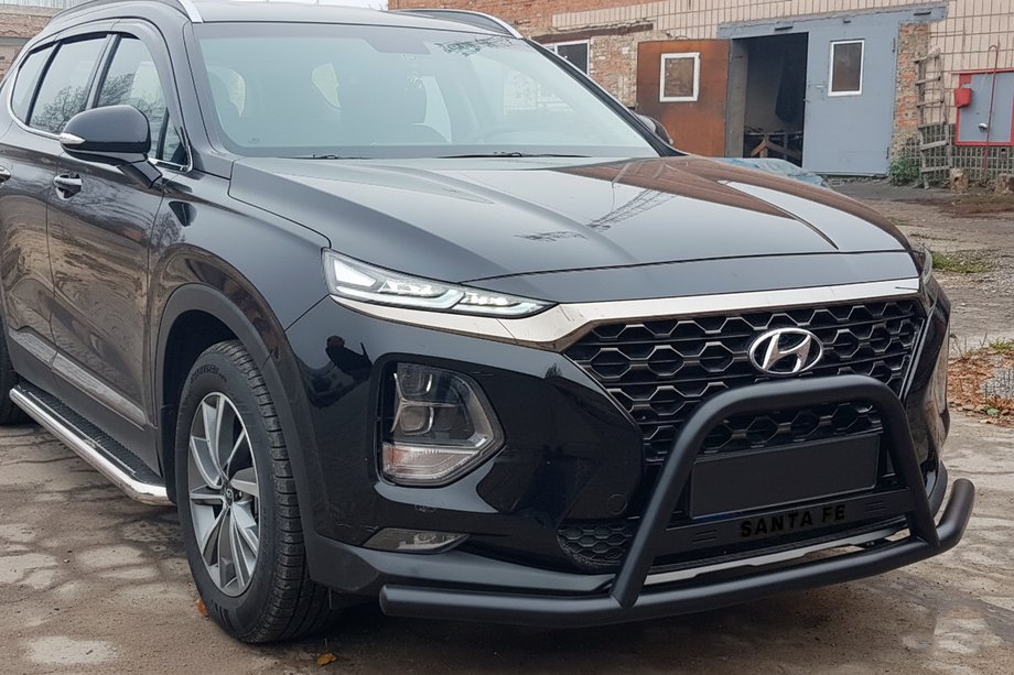 Hyundai Santa Fe 4 2018-2023 рр. Кенгурятник вусатий WT006 Black (нерж) Фото 3