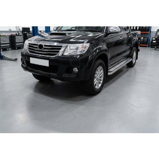 Бокові пороги Maydos V2 (2 шт., алюміній ↗ нерж) Toyota Hilux 2006-2015 рр. фото 1