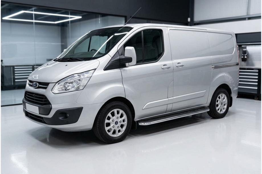 Ford Custom 2013-2022 рр. Бокові пороги Maydos V1 (2 шт., алюміній ↗ нерж) Коротка база Фото 1
