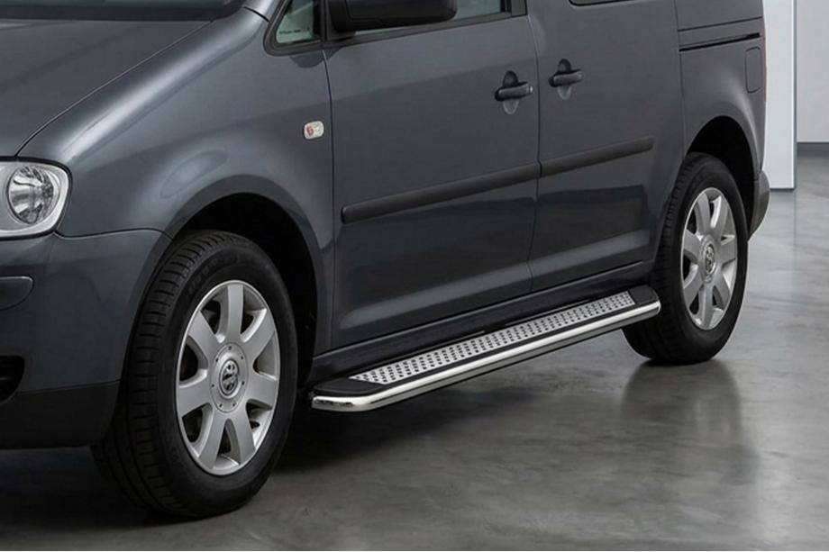 Volkswagen Caddy 2010-2015 рр. Бокові пороги Maydos V2 (2 шт., алюміній ↗ нерж) Image