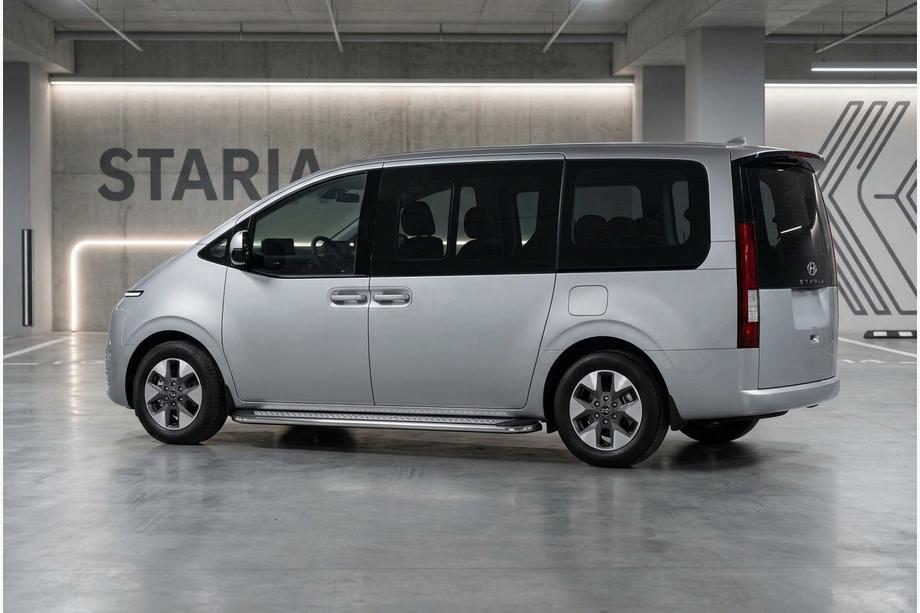 Hyundai Staria 2021- рр. Бокові пороги Maydos V2 (2 шт., Алюміній ↗ нерж) Image